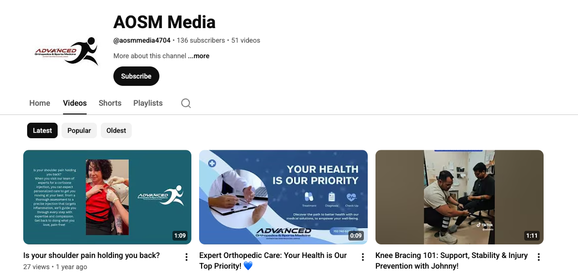 AOSM Media YouTube channel showing 136 subscribers, 51 videos, and recent uploads with 27, 14 and 41 views